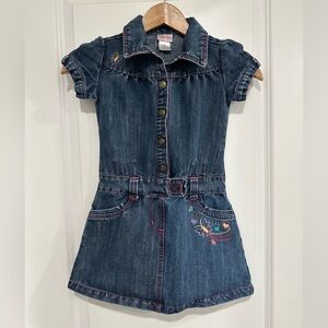 GIrls Y2K Vintage Blue Denim Jumper Dress with Embroidery Cherokee Kids Size 6